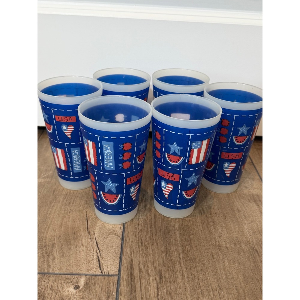 Vintage Americana Plastic Tumblers Set of 6 Patriotic USA Flag Star Cups Blue